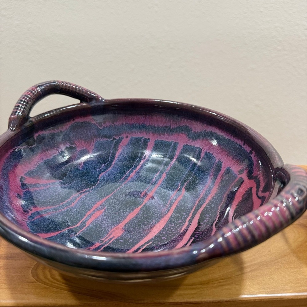 Handmade Artisan 2-Piece Ceramic Purple‎ Blue Glazed Stonewear Handle Bowl Set